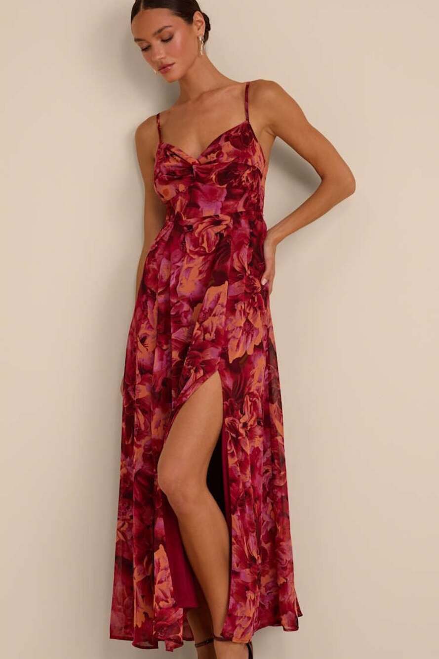 Burgundy Maxi Dress - Floral Print Dress - Twist-Front Dress - M